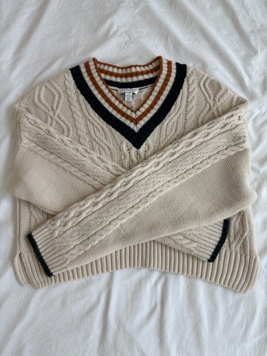 Topshop Sweaters - Topshop Cream Cable Knit V-Neck Sweater with Navy Blue and Orange Brown Trim
